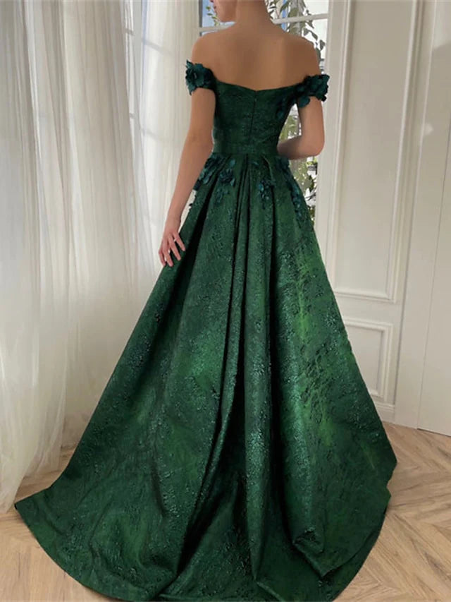 Robe de bal longue à fleurs, coupe trapèze/princesse, épaules dénudées, sans manches, longueur au sol